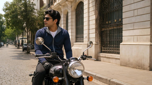Eclipse Shade — certified UPF50 everyday layer, worn on a city ride